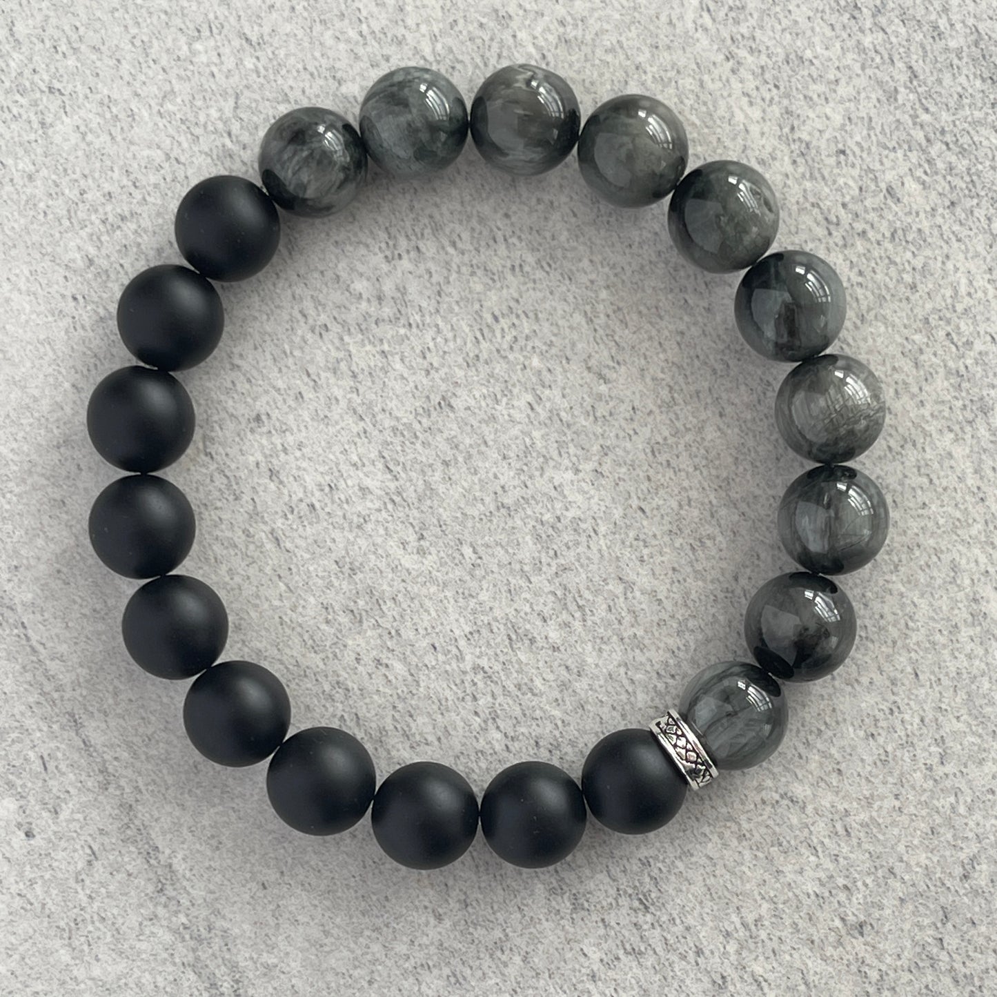 1/2 Matte Onyx and 1/2 Chrysoberyl Stretch Bracelet with Sterling Silver Spacer