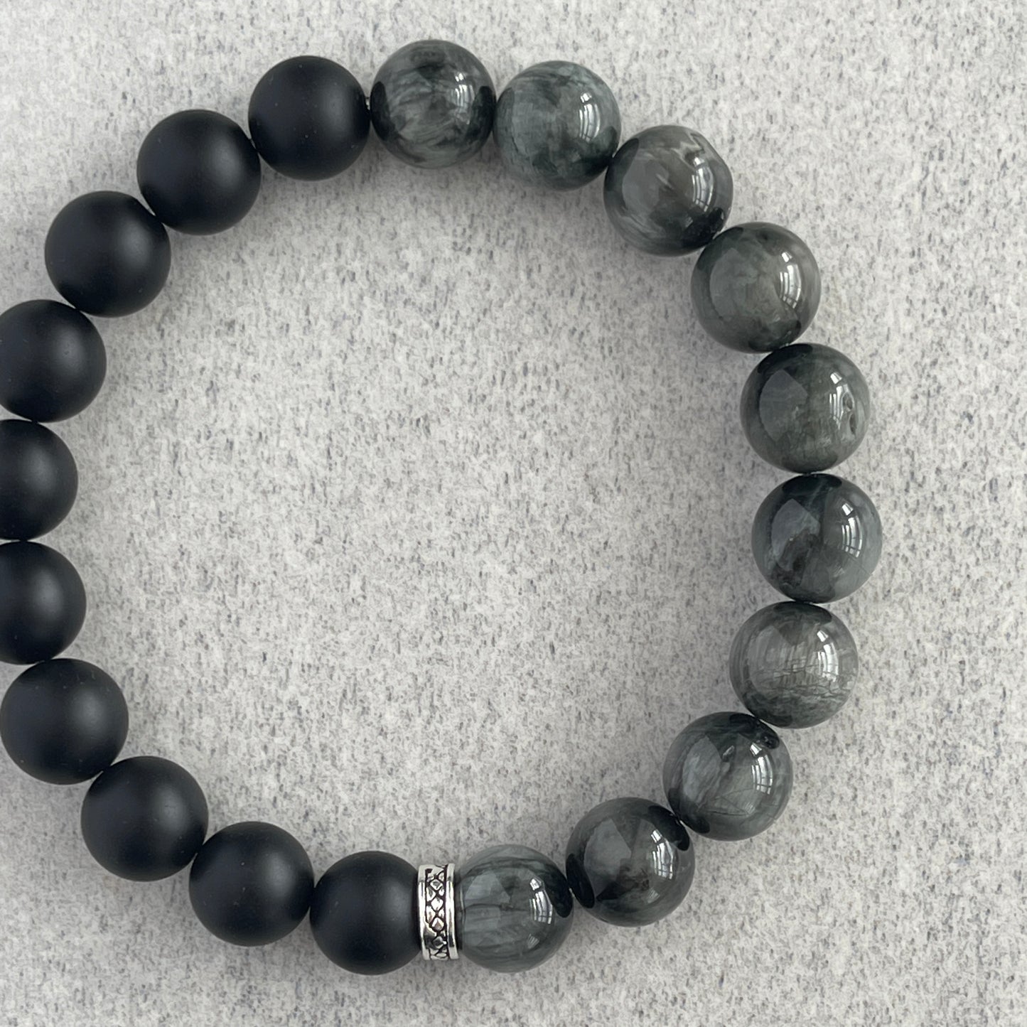 1/2 Matte Onyx and 1/2 Chrysoberyl Stretch Bracelet with Sterling Silver Spacer