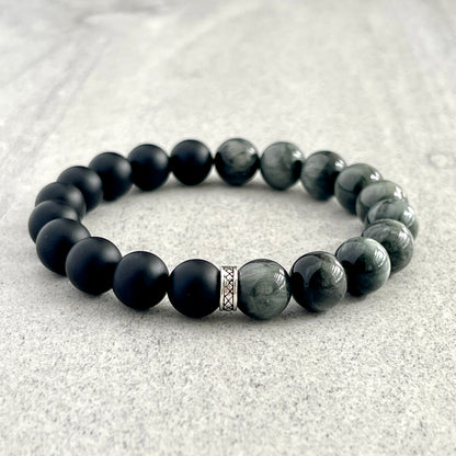 1/2 Matte Onyx and 1/2 Chrysoberyl Stretch Bracelet with Sterling Silver Spacer