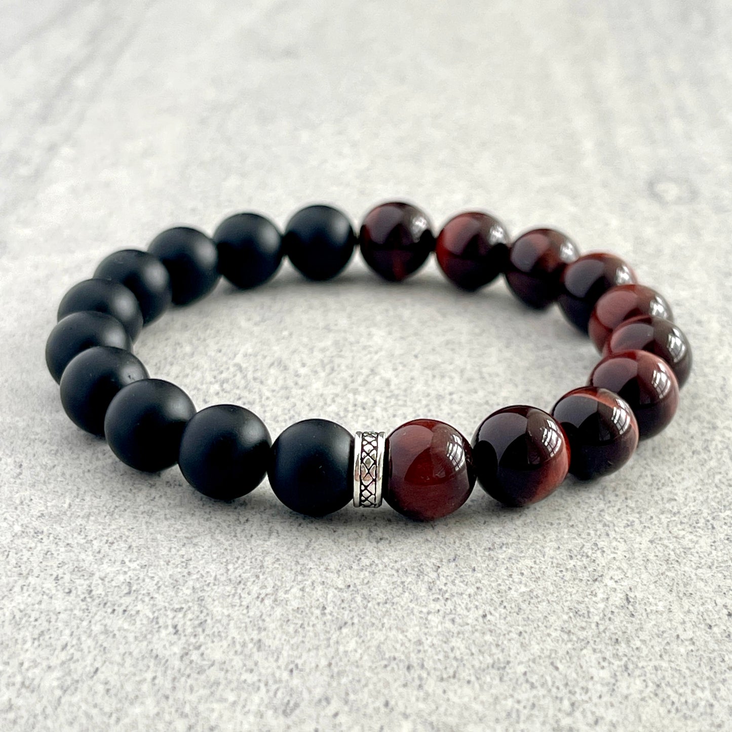 1/2 Matte Onyx and 1/2 Red Tiger Eye Stretch Bracelet with Sterling Silver Spacer