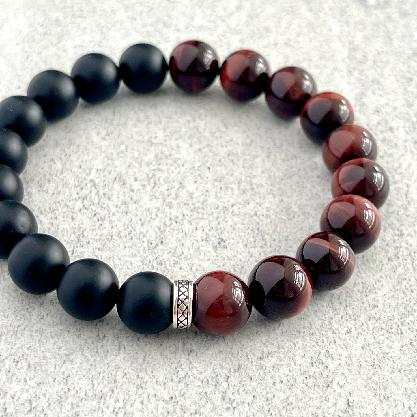 1/2 Matte Onyx and 1/2 Red Tiger Eye Stretch Bracelet with Sterling Silver Spacer