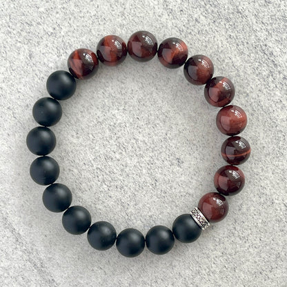 1/2 Matte Onyx and 1/2 Red Tiger Eye Stretch Bracelet with Sterling Silver Spacer