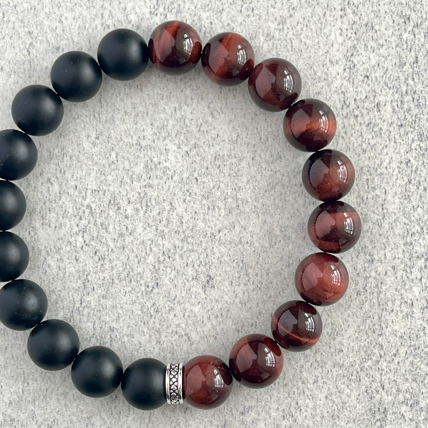 1/2 Matte Onyx and 1/2 Red Tiger Eye Stretch Bracelet with Sterling Silver Spacer