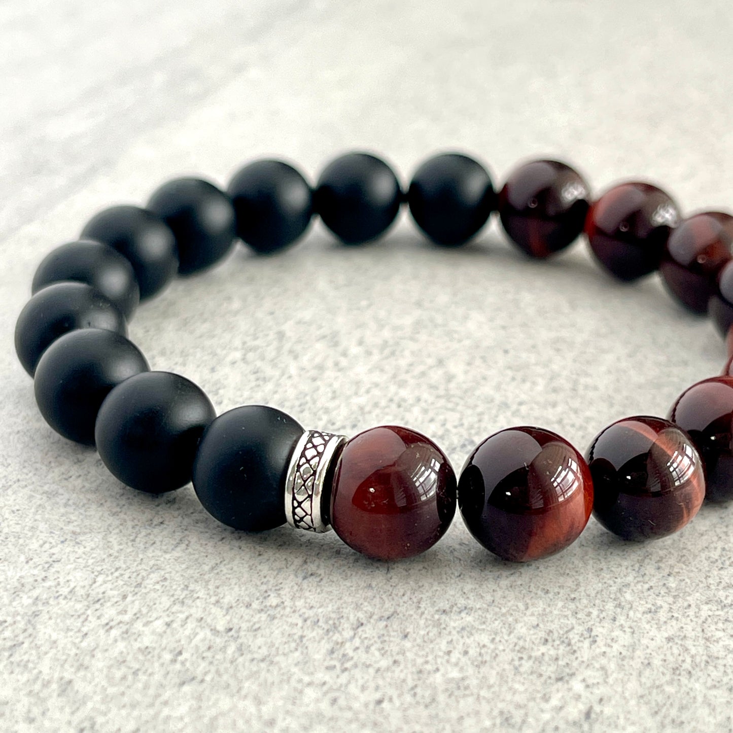 1/2 Matte Onyx and 1/2 Red Tiger Eye Stretch Bracelet with Sterling Silver Spacer