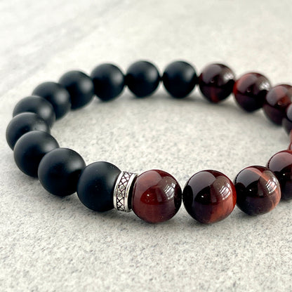 1/2 Matte Onyx and 1/2 Red Tiger Eye Stretch Bracelet with Sterling Silver Spacer