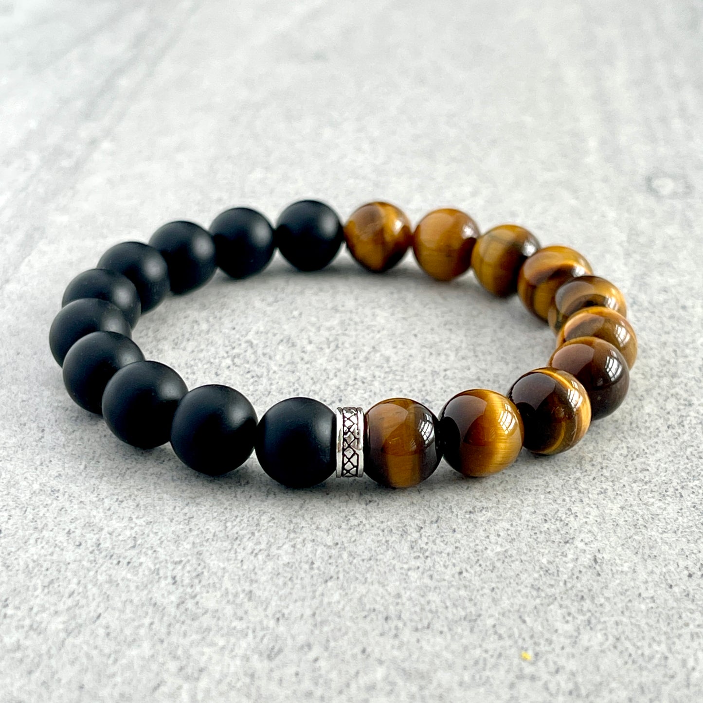 1/2 Matte Onyx and 1/2 Yellow Tiger Eye Stretch Bracelet with Sterling Silver Spacer