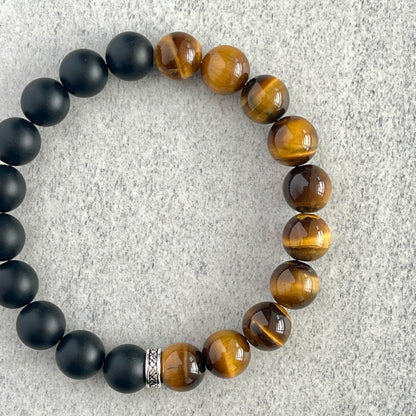 1/2 Matte Onyx and 1/2 Yellow Tiger Eye Stretch Bracelet with Sterling Silver Spacer