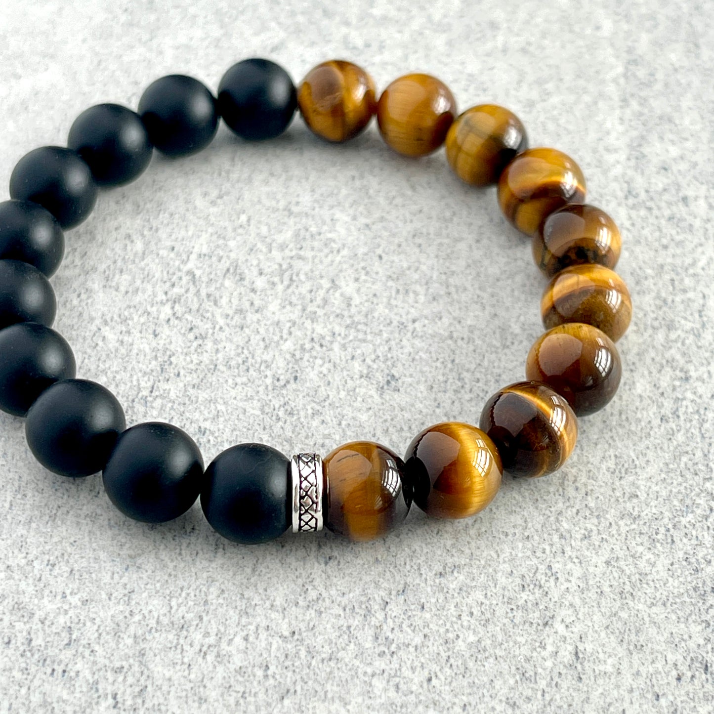 1/2 Matte Onyx and 1/2 Yellow Tiger Eye Stretch Bracelet with Sterling Silver Spacer