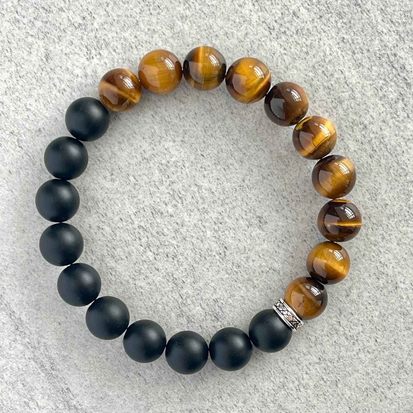 1/2 Matte Onyx and 1/2 Yellow Tiger Eye Stretch Bracelet with Sterling Silver Spacer