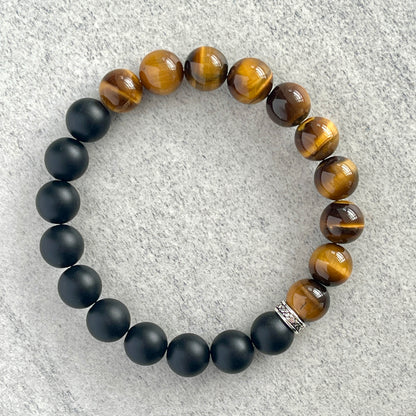 1/2 Matte Onyx and 1/2 Yellow Tiger Eye Stretch Bracelet with Sterling Silver Spacer