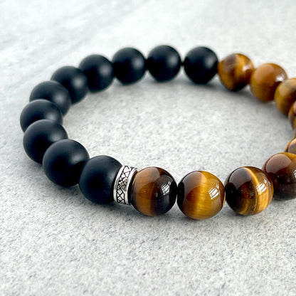 1/2 Matte Onyx and 1/2 Yellow Tiger Eye Stretch Bracelet with Sterling Silver Spacer