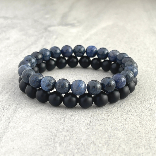 Dumortierite and Matte Onyx Beaded Stretch Bracelet