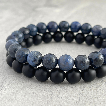 Dumortierite and Matte Onyx Beaded Stretch Bracelet