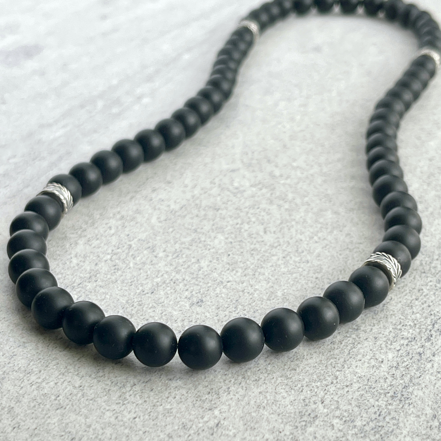 Matte Onyx Beaded Necklace with Leaf Motif