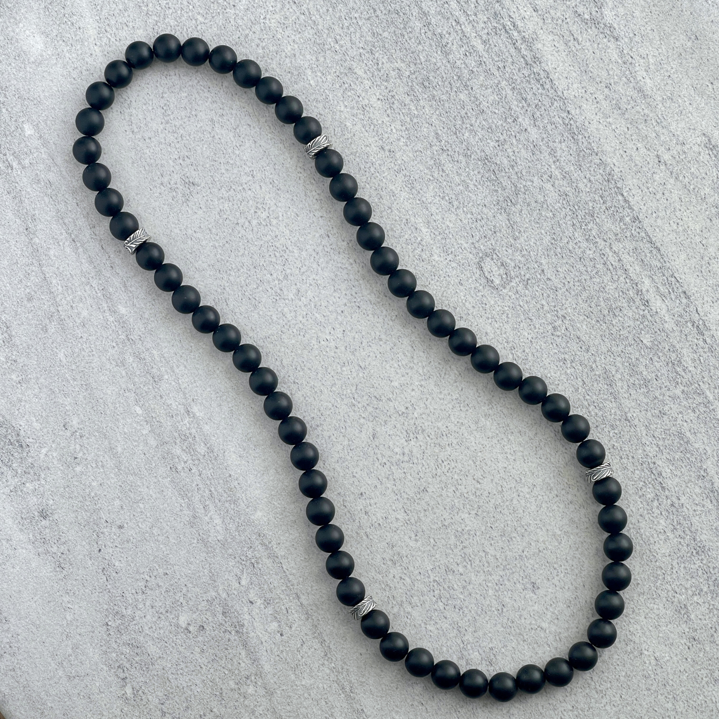 Matte Onyx Beaded Necklace with Leaf Motif