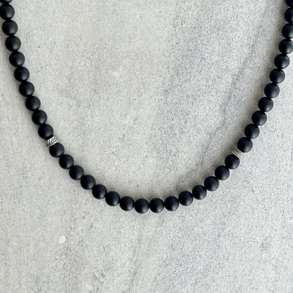 Matte Onyx Beaded Necklace with Leaf Motif