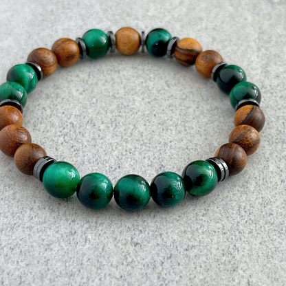 Tiger Skin Sandalwood & Green Tiger Eye Beaded Bracelet