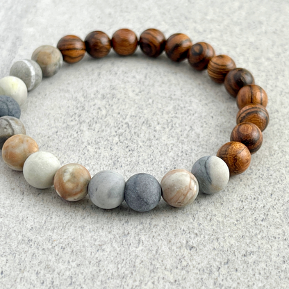 Half & Half Tiger Skin Sandalwood and Matte Silver Picasso Jasper Beaded Bracelet