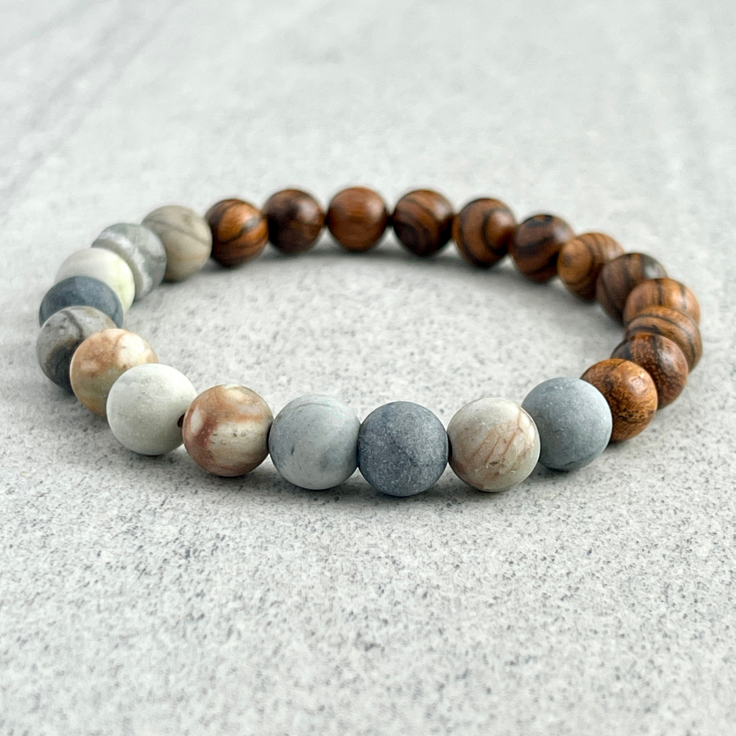 Half & Half Tiger Skin Sandalwood and Matte Silver Picasso Jasper Beaded Bracelet