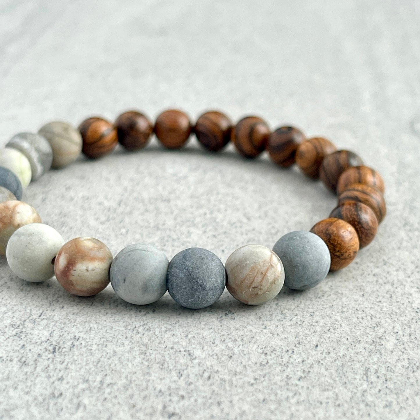 Half & Half Tiger Skin Sandalwood and Matte Silver Picasso Jasper Beaded Bracelet