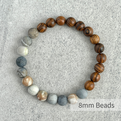 Half & Half Tiger Skin Sandalwood and Matte Silver Picasso Jasper Beaded Bracelet