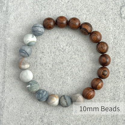 Half & Half Tiger Skin Sandalwood and Matte Silver Picasso Jasper Beaded Bracelet