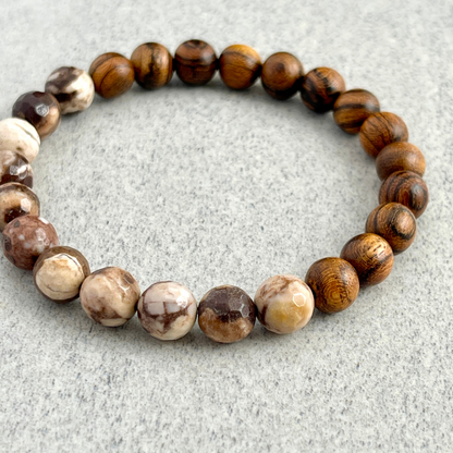 Half & Half Tiger Skin Sandalwood and Brown Zebra Jasper Beaded Bracelet