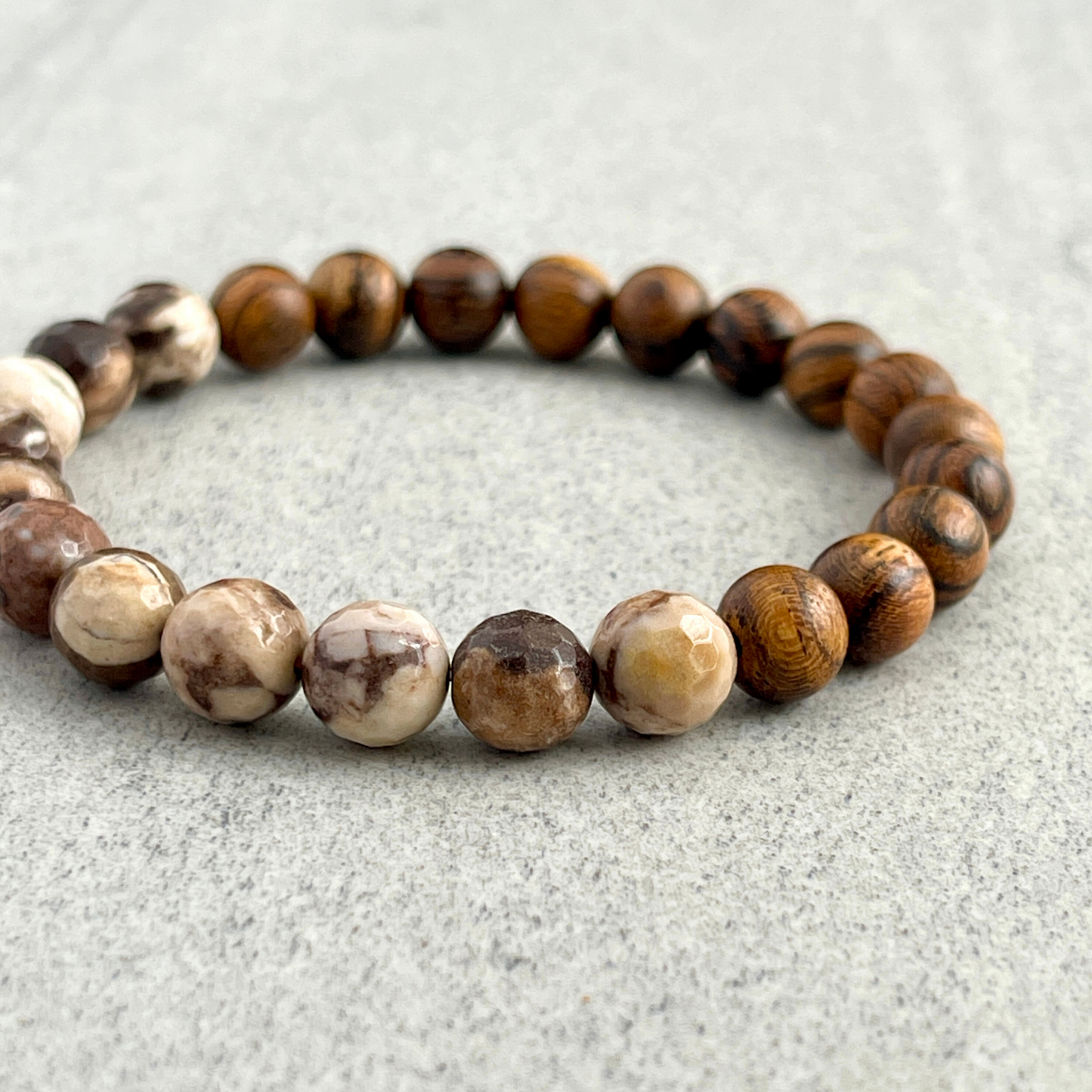 Half & Half Tiger Skin Sandalwood and Brown Zebra Jasper Beaded Bracelet