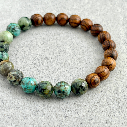 Half & Half Tiger Skin Sandalwood and African Turquoise Beaded Bracelet