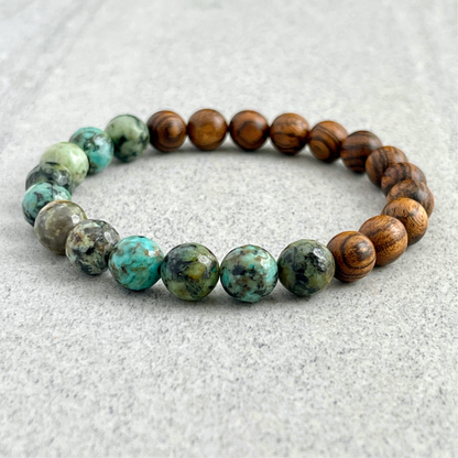 Half & Half Tiger Skin Sandalwood and African Turquoise Beaded Bracelet