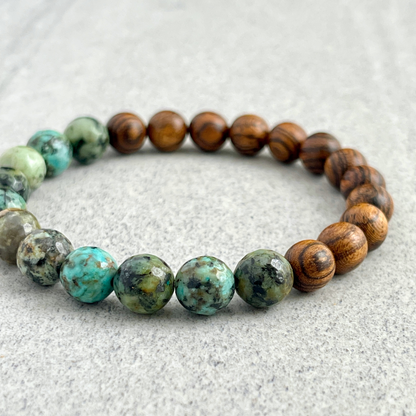 Half & Half Tiger Skin Sandalwood and African Turquoise Beaded Bracelet