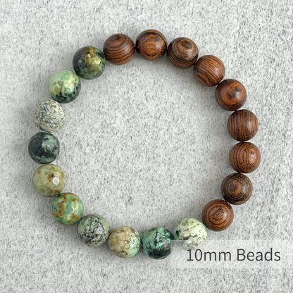 Half & Half Tiger Skin Sandalwood and African Turquoise Beaded Bracelet