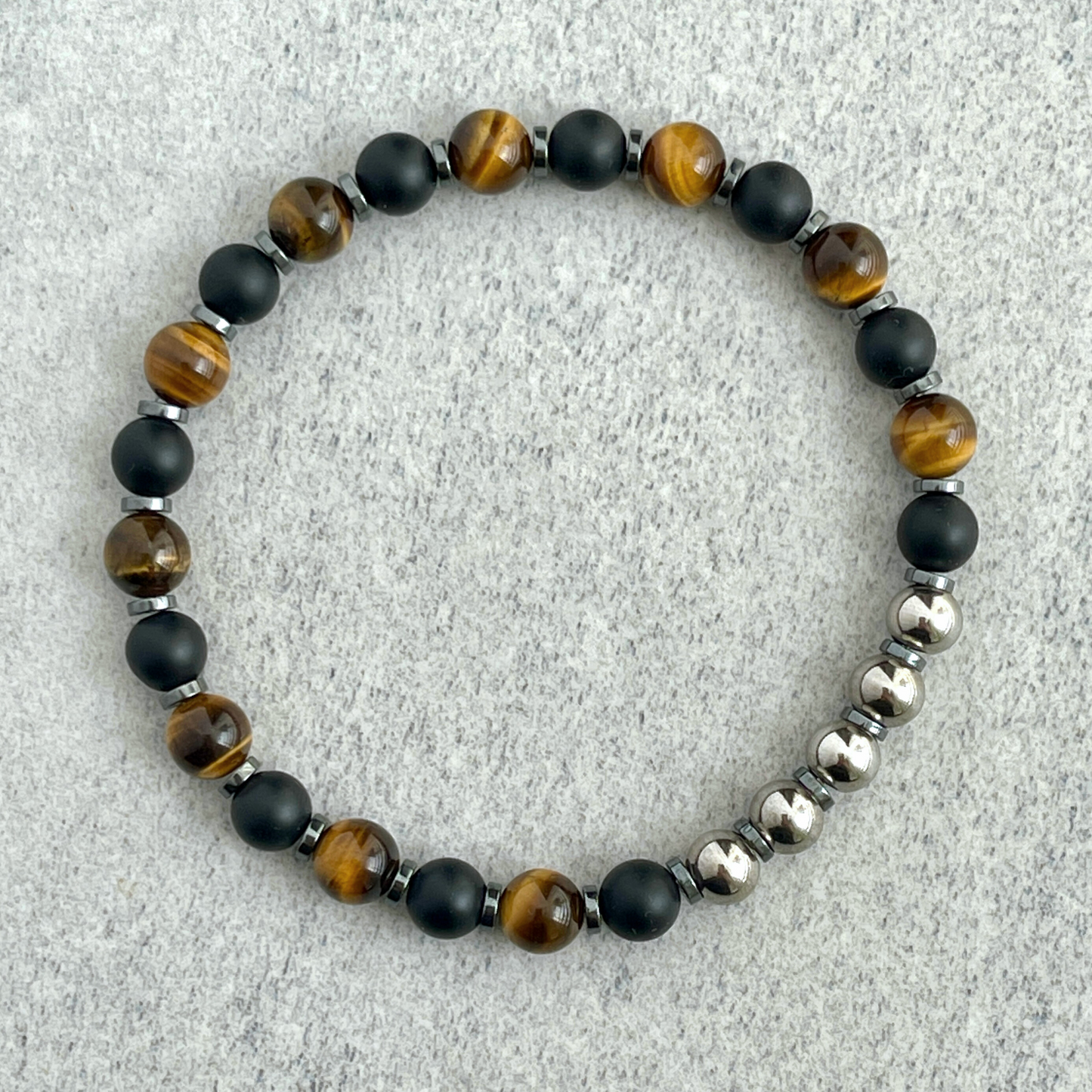 Matte Onyx, Yellow Tiger Eye with Stainless Steel Accents Bracelet