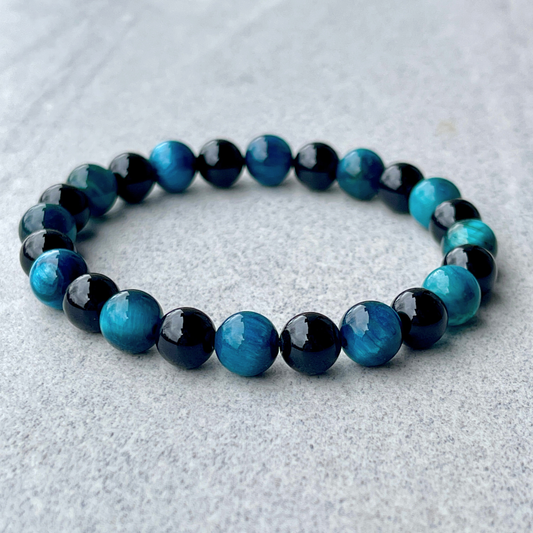 Aqua Blue Tiger Eye & Onyx Beaded Bracelet