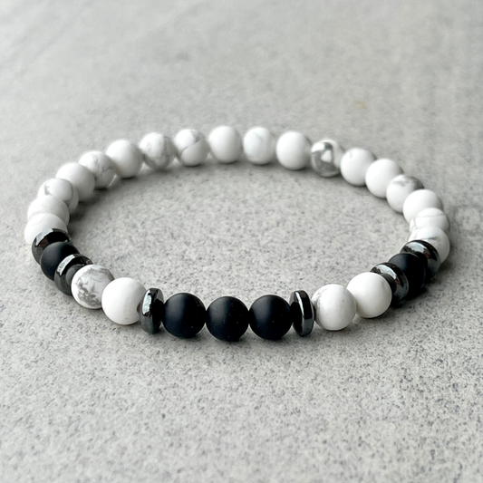 Matte White Howlite & Matte Onyx Beaded Bracelet
