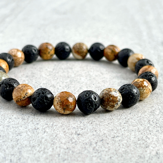 Faceted Picture Jasper and Black Lava Beaded Bracelet