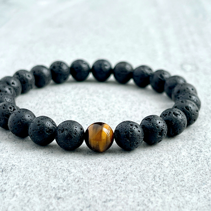 Black Lava and Single Yellow Tiger Eye Stretch Bracelet