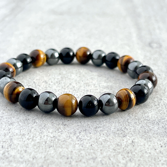 Yellow Tiger Eye, Onyx & Hematite Beaded Bracelet