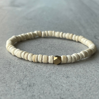 Ivory Coconut Wood Beaded Bracelet with Faceted Brass Bead