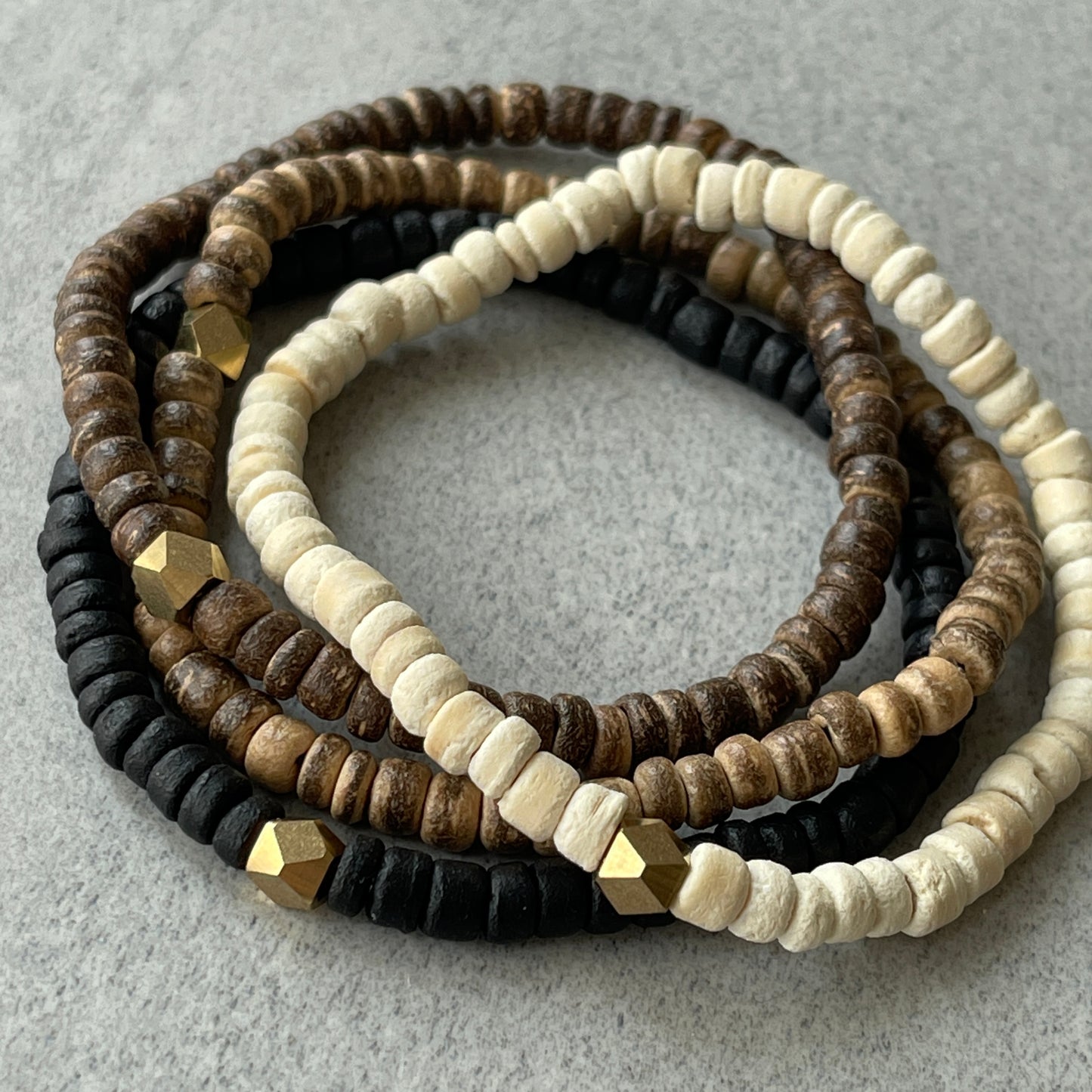 Ivory Coconut Wood Beaded Bracelet with Faceted Brass Bead