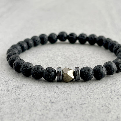 Black Lava Beaded Bracelet with Faceted Pyrite and Hematite Spacers