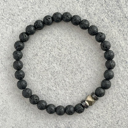 Black Lava Beaded Bracelet with Faceted Pyrite and Hematite Spacers