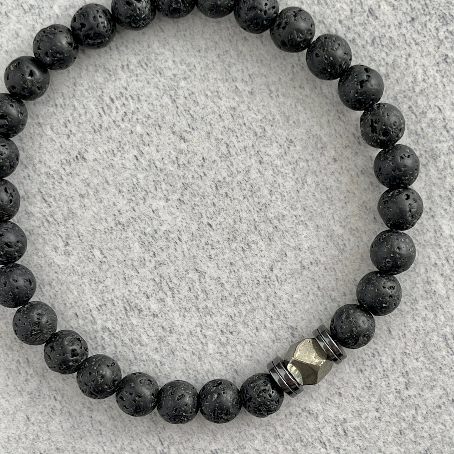 Black Lava Beaded Bracelet with Faceted Pyrite and Hematite Spacers