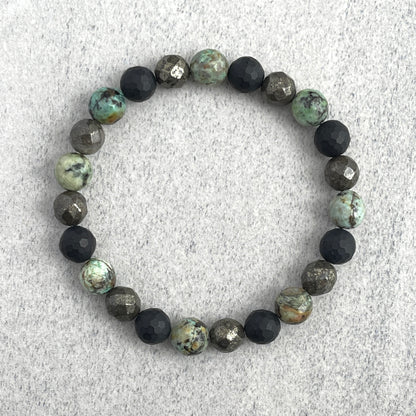 Faceted African Turquoise, Matte Onyx and Pyrite Beaded Bracelet