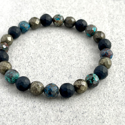 Faceted Natural Azurite, Matte Onyx and Pyrite Beaded Bracelet