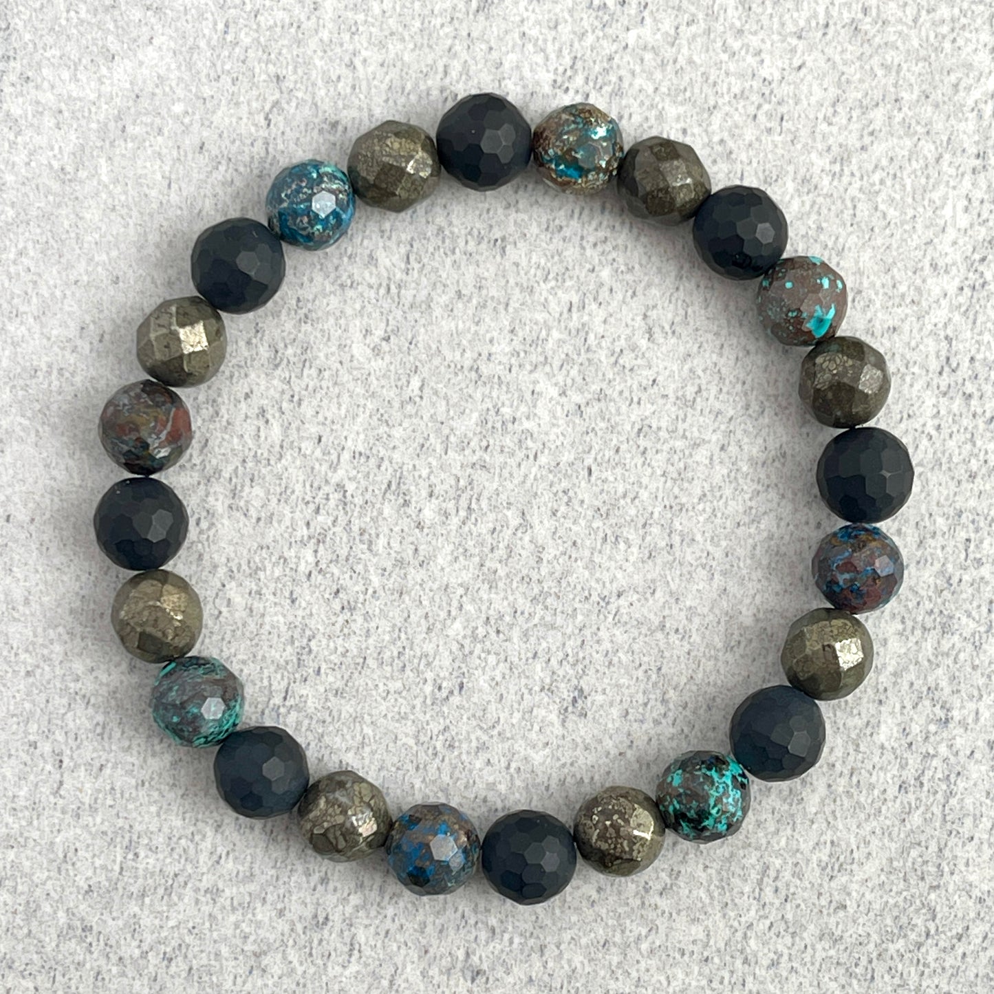 Faceted Natural Azurite, Matte Onyx and Pyrite Beaded Bracelet