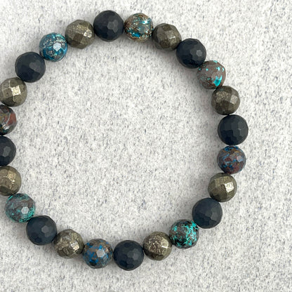 Faceted Natural Azurite, Matte Onyx and Pyrite Beaded Bracelet