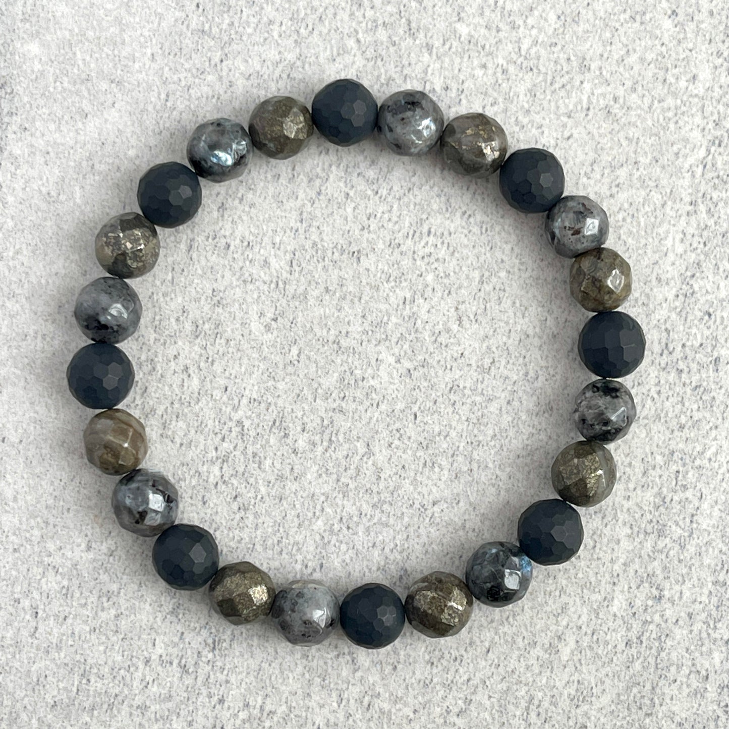 Faceted Black Labradorite, Matte Onyx and Pyrite Beaded Bracelet