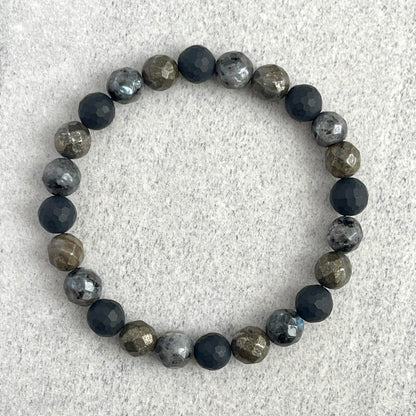 Faceted Black Labradorite, Matte Onyx and Pyrite Beaded Bracelet