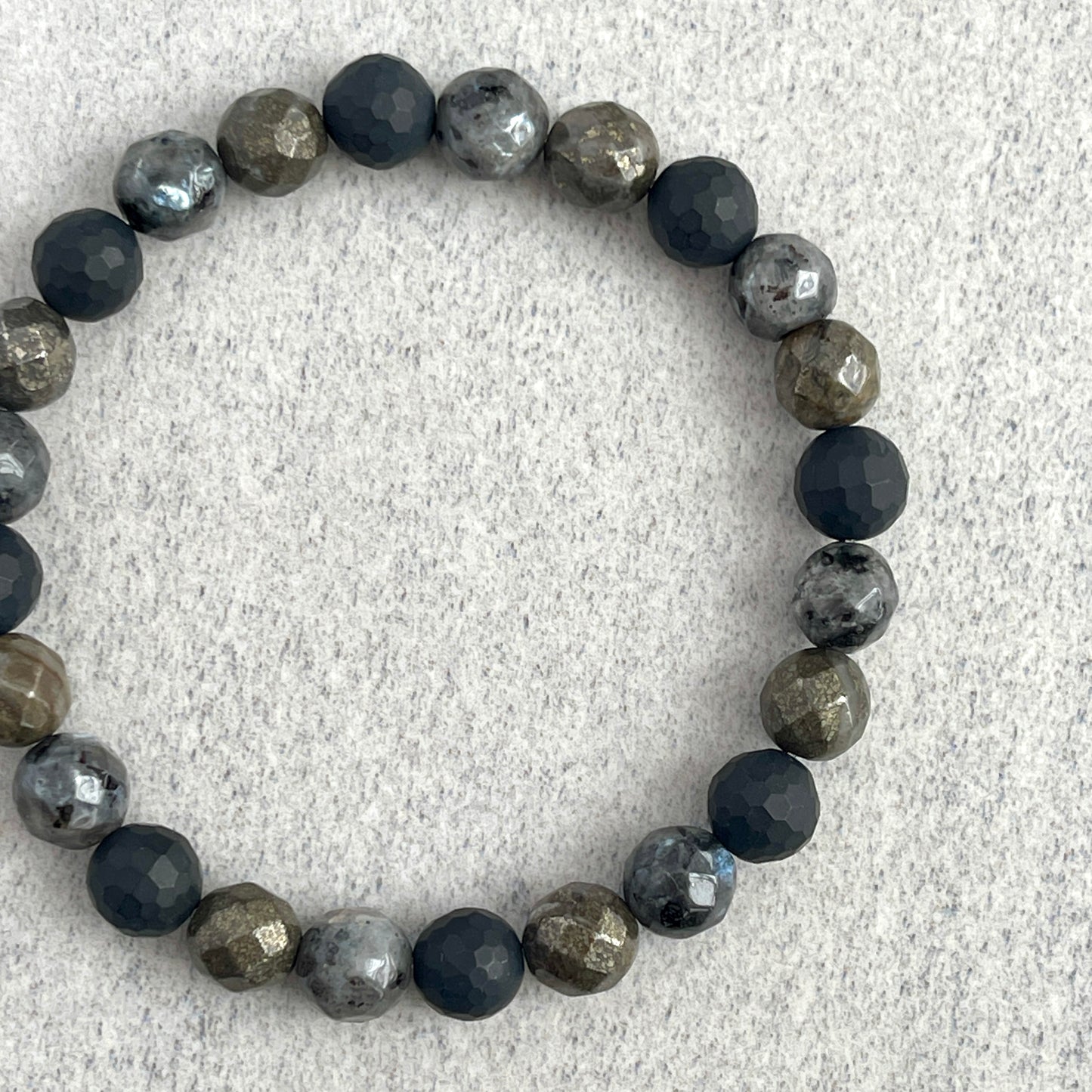 Faceted Black Labradorite, Matte Onyx and Pyrite Beaded Bracelet